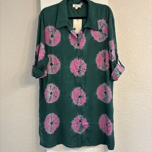 NEW with Tags Elan Sand Dollar Pink Green Button Tunic Top Swim Cover Women's M